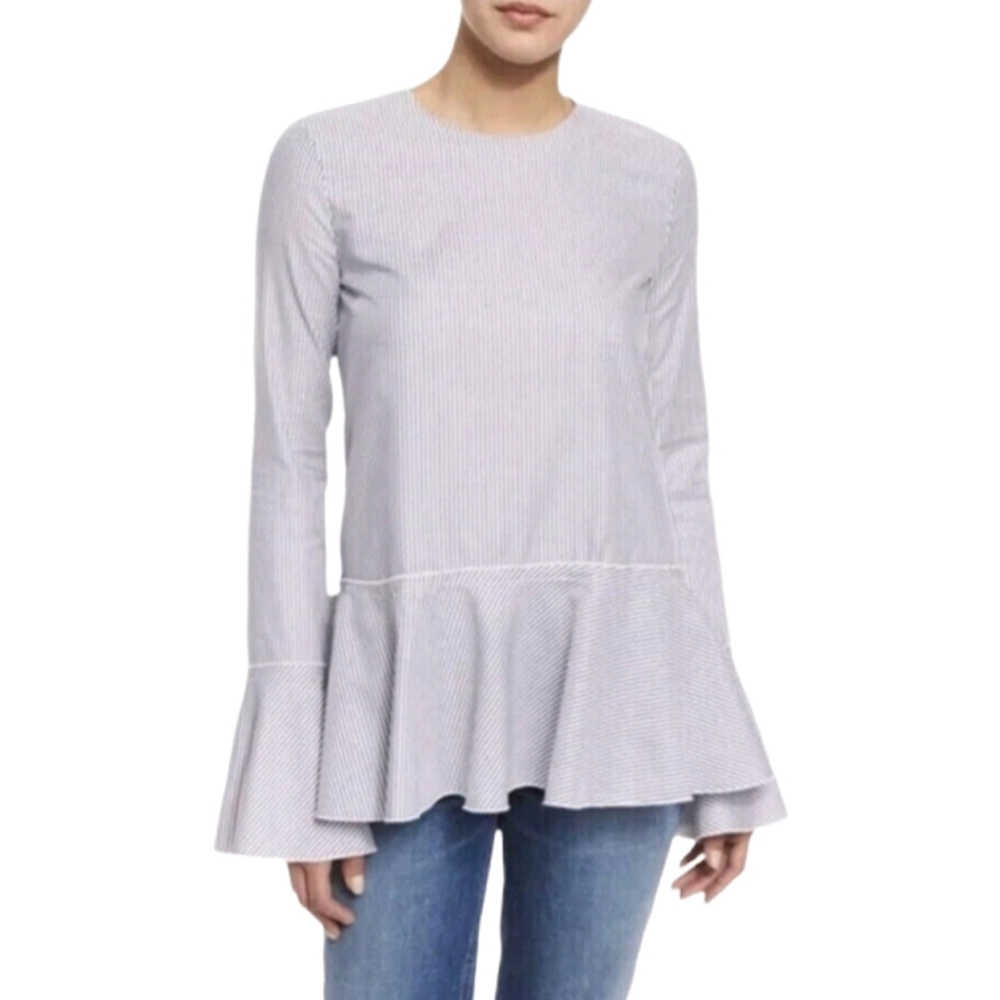 Theory Light Blue Pinstripe Peplum Long Sleeve Blouse